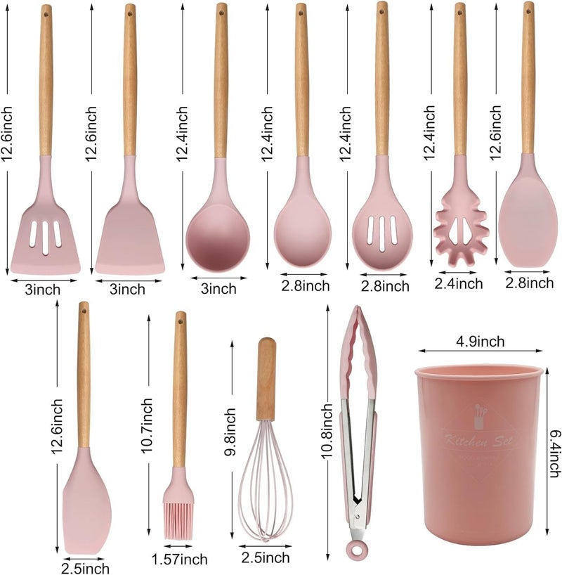 HaRvic 12Pcs Silicone Cooking Utensils Set Silicone Kitchen Spatula for Cooking, Kitchen Utensil Spatula Set Wooden Handles and Holder BPA Free Gadgets for Non-Stick Cookware (Pink) - Image 2