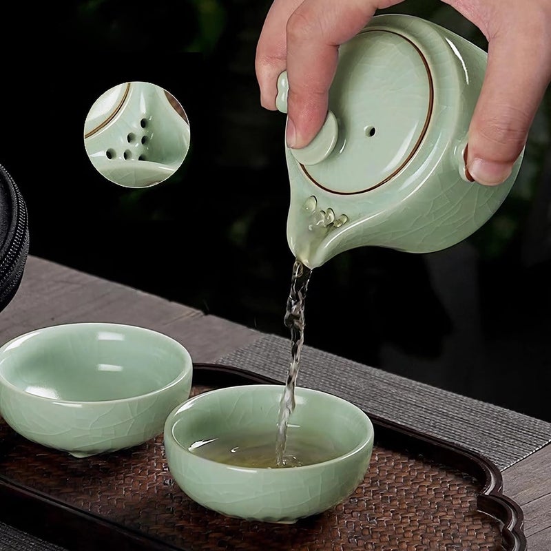 Feify Travel Tea Set Ceramic Tea Pot Set Chinese Kung Fu Teapot Porcelain Gongfu Teacups with Infuser, Portable Bag 1 Pot 2 Mini Cup All in One for Home Office Outdoor Picnic Camping Hotel - Image 3