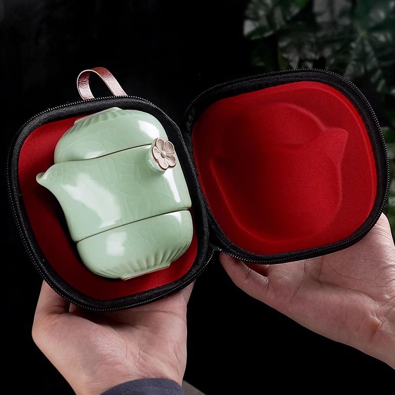 Feify Travel Tea Set Ceramic Tea Pot Set Chinese Kung Fu Teapot Porcelain Gongfu Teacups with Infuser, Portable Bag 1 Pot 2 Mini Cup All in One for Home Office Outdoor Picnic Camping Hotel - Image 5