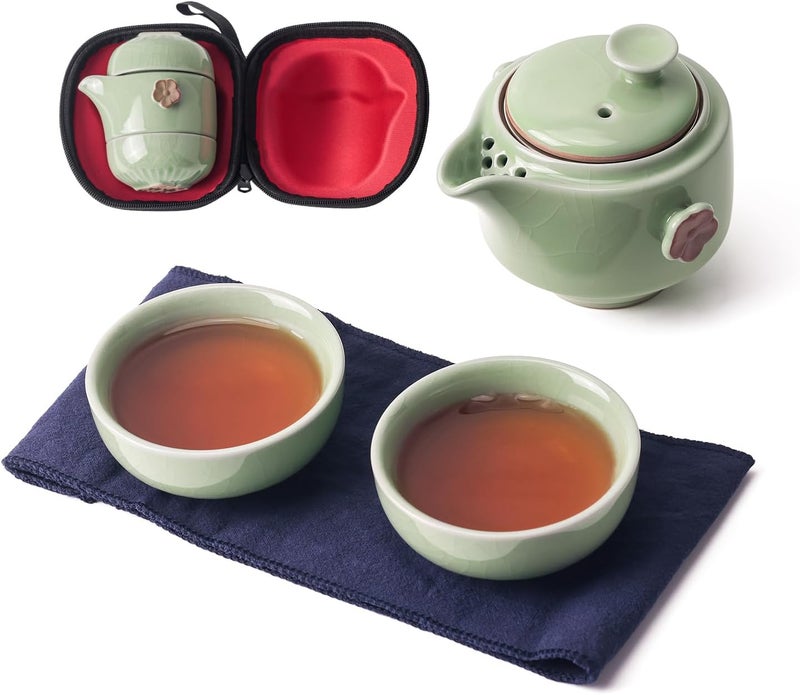 Feify Travel Tea Set Ceramic Tea Pot Set Chinese Kung Fu Teapot Porcelain Gongfu Teacups with Infuser, Portable Bag 1 Pot 2 Mini Cup All in One for Home Office Outdoor Picnic Camping Hotel - Image 1
