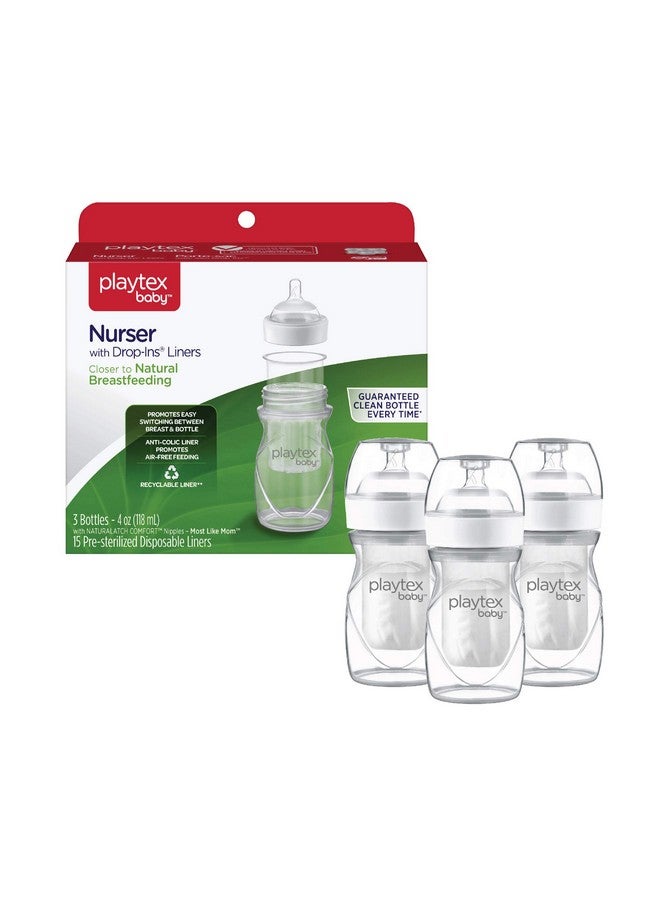 Diaper Genie Playtex Baby Nurser Bottle with Pre-Sterilized Disposable Drop-Ins Liners, Closer to Breastfeeding, 4 Ounce Bottles, 3 Count - Image 1