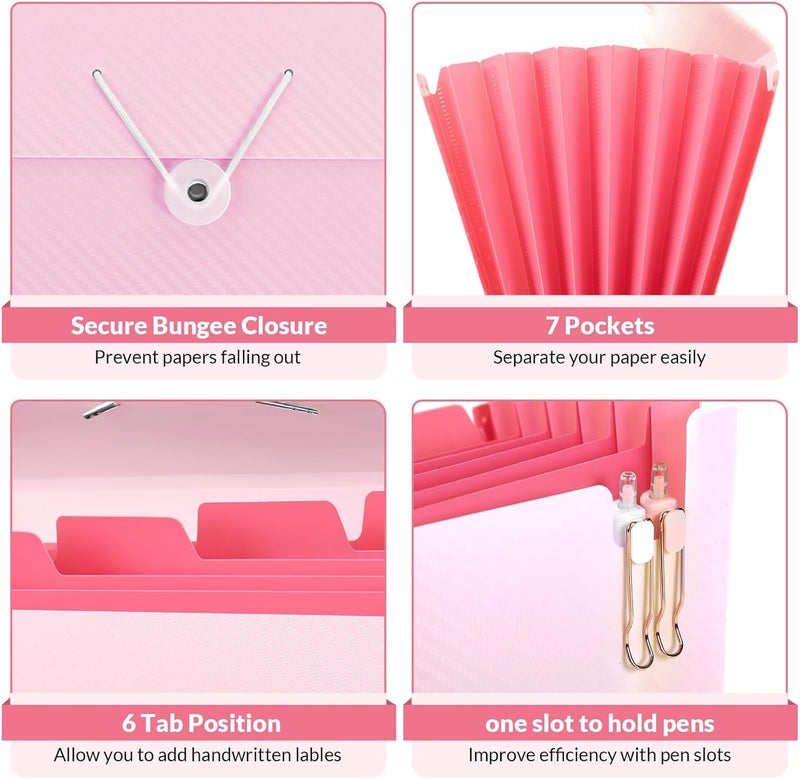 Pink School Office Supplies, Accordion File Organizer - 7 Pocket Letter Size Expanding Folder for School & Office - Portable Document Organizer - Image 4