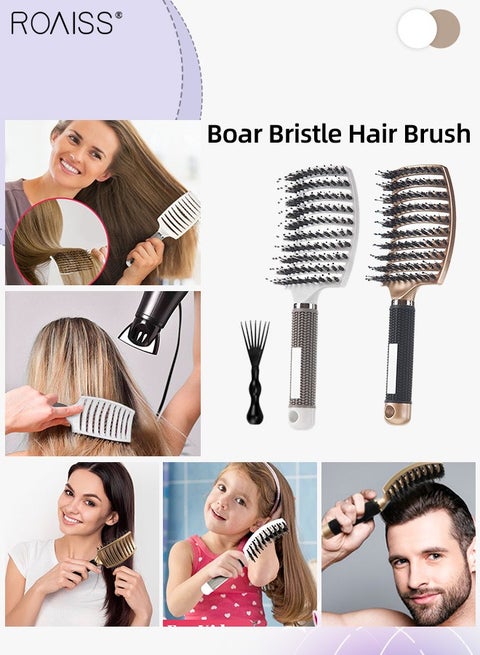 2 Pcs Boar Bristle Hairbrush Curly Tangle Free Hair Brush Women Men, Curved Vented Hair Brush for Wet/Long/Short/Thick Hair Reducing Hair Breakage and Frizzy Detangling Brush