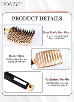 roaiss 2 Pcs Boar Bristle Hairbrush Curly Tangle Free Hair Brush Women Men, Curved Vented Hair Brush for Wet/Long/Short/Thick Hair Reducing Hair Breakage and Frizzy Detangling Brush  - Image 3