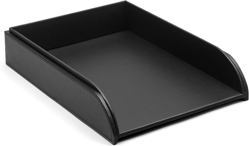 OSCO Black Faux Leather Letter Tray | A4 | Easily Stackable | Desk File Organiser | Paper Storage | Office Document Sorter | Paperwork Filing | No Risers Required | H6.3 x W24.5 x D 33.0 cm | Worldwide simple practical design - Image 1