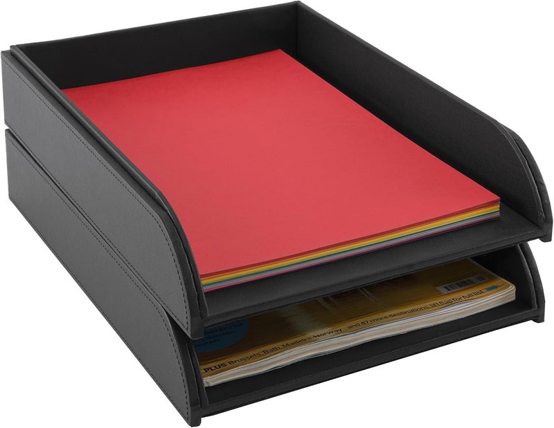 OSCO Black Faux Leather Letter Tray | A4 | Easily Stackable | Desk File Organiser | Paper Storage | Office Document Sorter | Paperwork Filing | No Risers Required | H6.3 x W24.5 x D 33.0 cm | Worldwide simple practical design - Image 4
