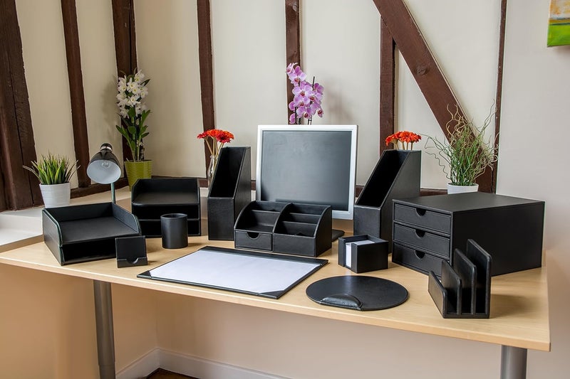OSCO Black Faux Leather Letter Tray | A4 | Easily Stackable | Desk File Organiser | Paper Storage | Office Document Sorter | Paperwork Filing | No Risers Required | H6.3 x W24.5 x D 33.0 cm | Worldwide simple practical design - Image 3
