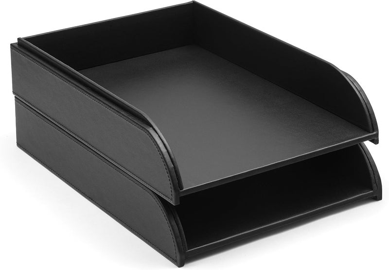 OSCO Black Faux Leather Letter Tray | A4 | Easily Stackable | Desk File Organiser | Paper Storage | Office Document Sorter | Paperwork Filing | No Risers Required | H6.3 x W24.5 x D 33.0 cm | Worldwide simple practical design - Image 2