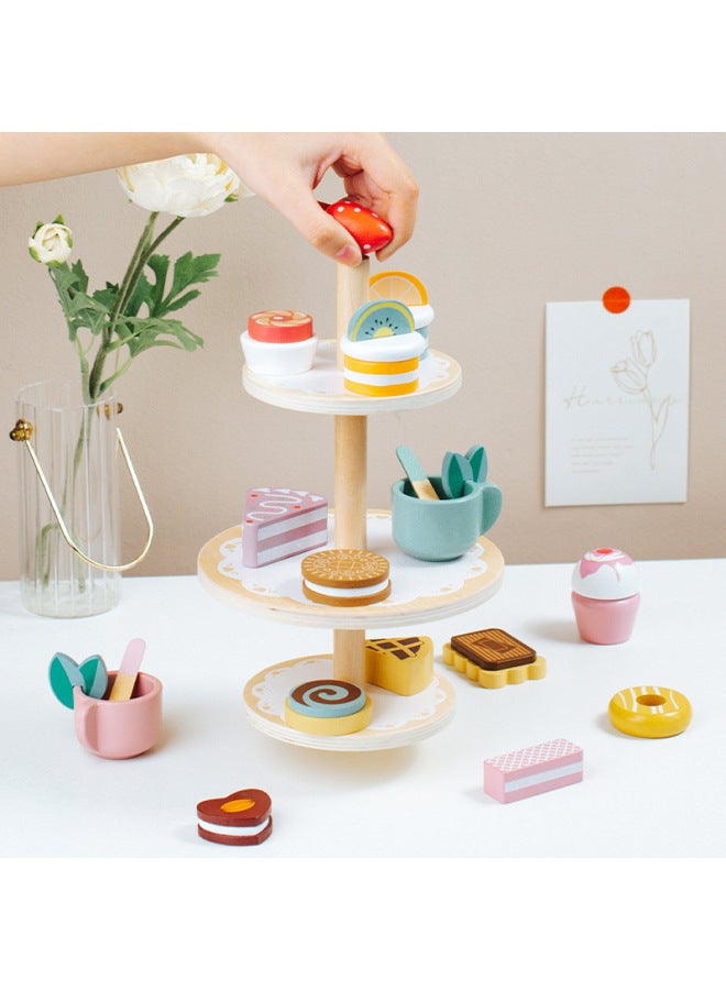 Wooden Play House Ice Cream Table Children's Simulation Kitchen Tea Set Coffee Machine Bread Machine Suit Chicey Toys-Color:Multi-layer Dessert Rack  - Image 1