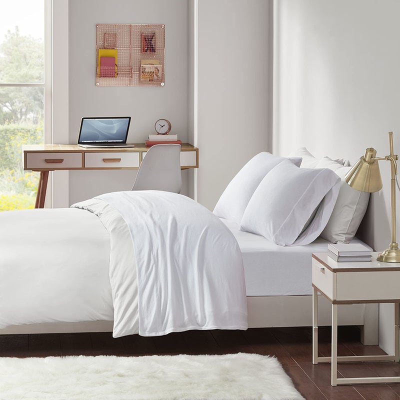 Intelligent Design Cotton Blend Jersey Knit Bed Sheet Set Wrinkle Resistant  Soft Sheets with 14"" Deep Pocket  All Season  Cozy Bedding-Set  Matching Pillow Case  Full  White 4 Piece - Image 1