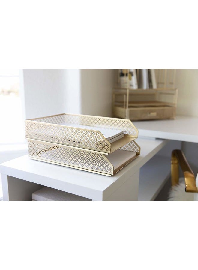 Blu Monaco Gold Desk Organizer Stackable Paper Tray Set of 2 - Metal Two Tier Tray - Stackable Letter Tray - Inbox Tray for Desk - Image 4