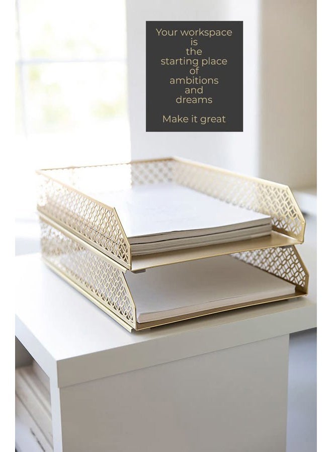 Blu Monaco Gold Desk Organizer Stackable Paper Tray Set of 2 - Metal Two Tier Tray - Stackable Letter Tray - Inbox Tray for Desk - Image 2
