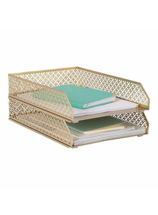 Blu Monaco Gold Desk Organizer Stackable Paper Tray Set of 2 - Metal Two Tier Tray - Stackable Letter Tray - Inbox Tray for Desk - Image 1