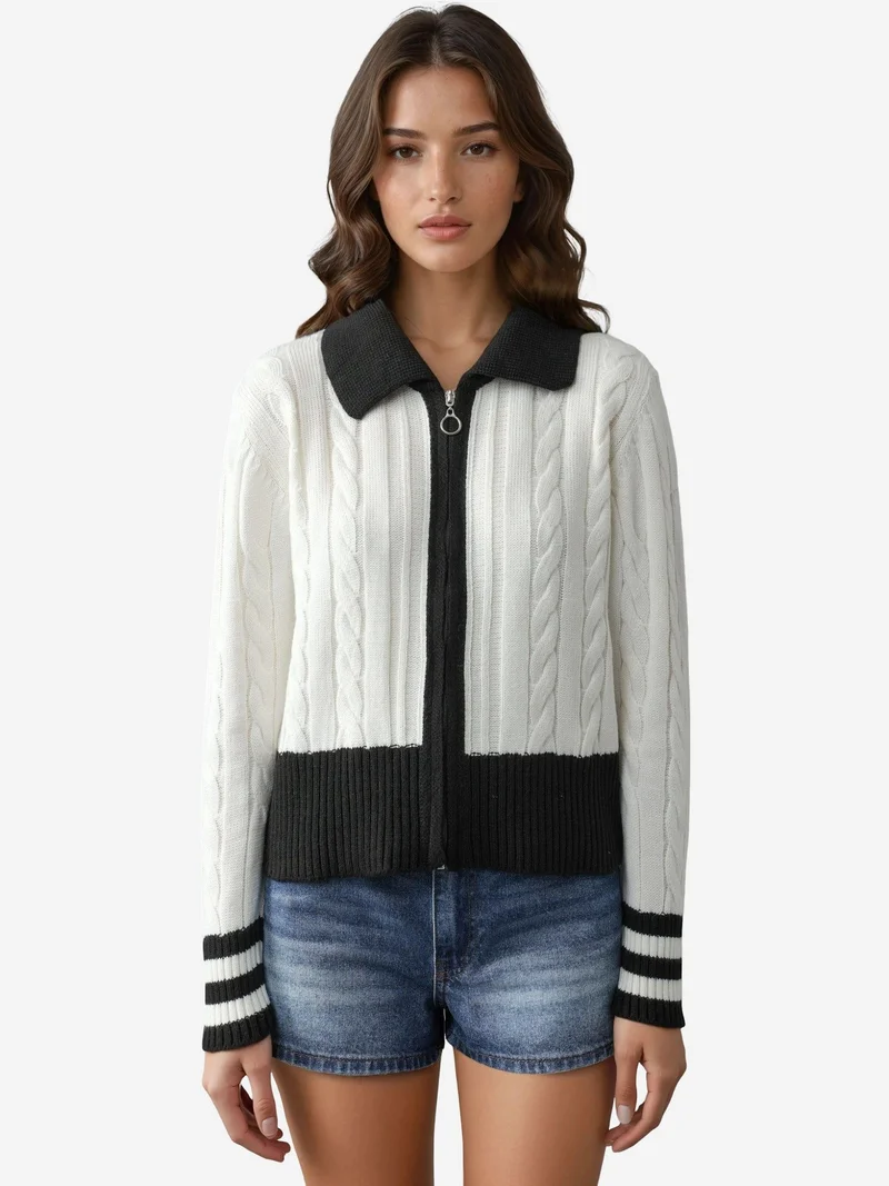 My Fashion Dusty White MY FASHION Polo Neck Zippered Cardigan for Women | Best Price UAE