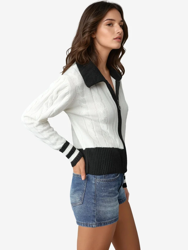 My Fashion Dusty White MY FASHION Polo Neck Zippered Cardigan for Women | Best Price UAE