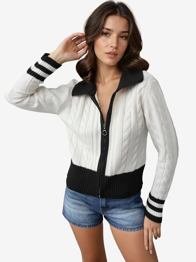 MY FASHION Polo Neck Zippered Cardigan