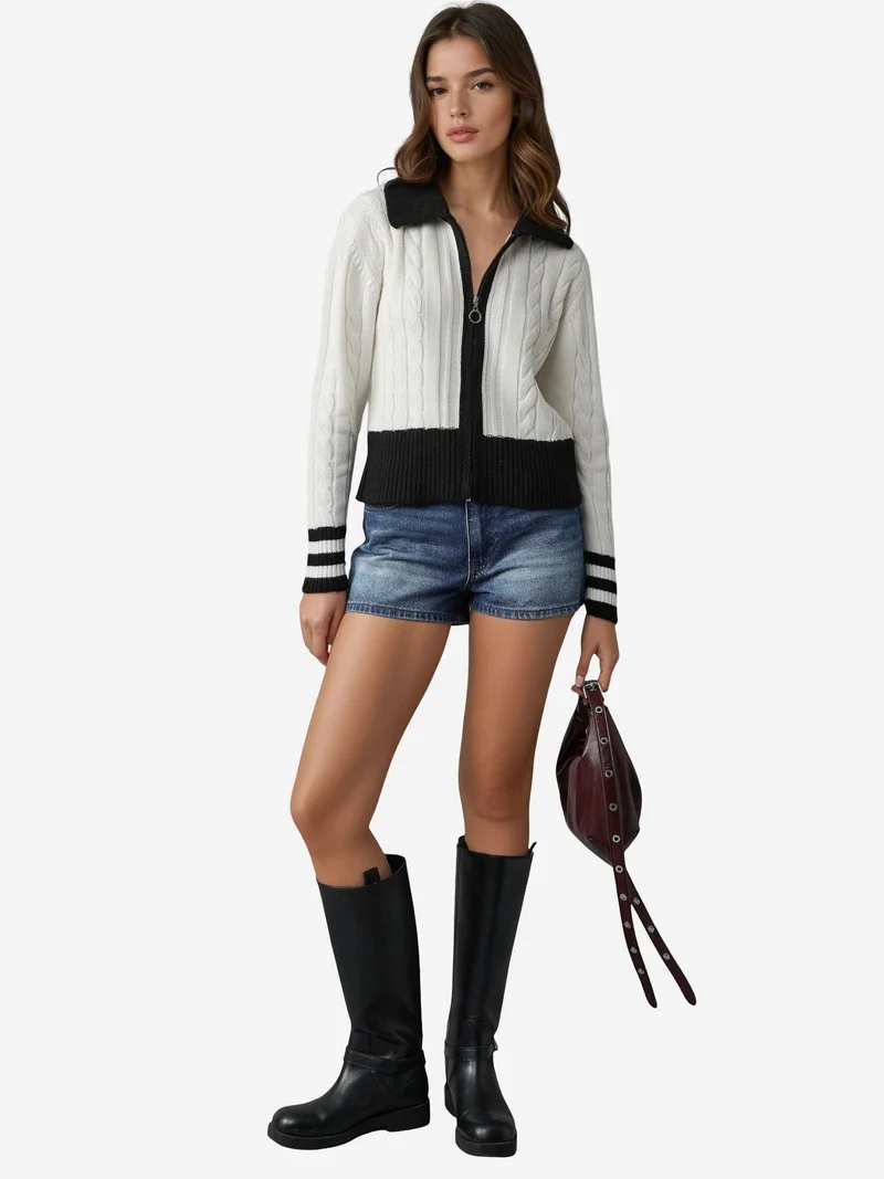 My Fashion Dusty White MY FASHION Polo Neck Zippered Cardigan for Women | Best Price UAE