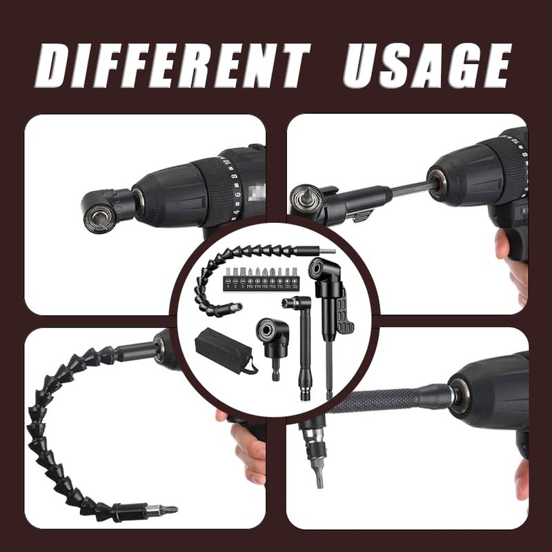 DOOOYU 21 Pcs Right Angle Drill Attachment Set Includes 2Pcs Flexible Drill Bit Extension 3Pcs 360Â° Rotatable 1/4 3/8 1/2" Impact Grade Socket Adapter 3Pcs Drill Bit Holder 10 Short Screwdriver Bits - Image 3