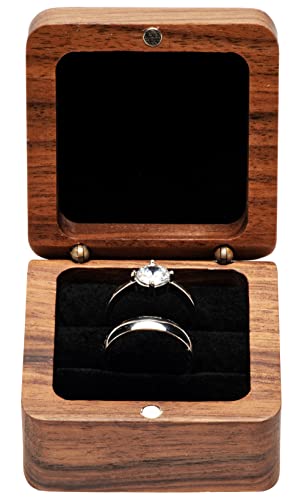 COSISO Square Solid Wood Double Ring Box Case for Wedding Ceremony Engagement Proposal,Wooden Ring Holder for 2 Rings (Black Inner) - Image 2