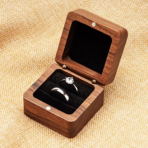 COSISO Square Solid Wood Double Ring Box Case for Wedding Ceremony Engagement Proposal,Wooden Ring Holder for 2 Rings (Black Inner) - Image 5