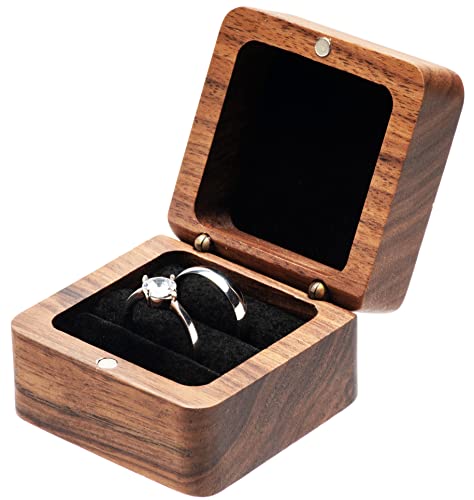 COSISO Square Solid Wood Double Ring Box Case for Wedding Ceremony Engagement Proposal,Wooden Ring Holder for 2 Rings (Black Inner) - Image 1