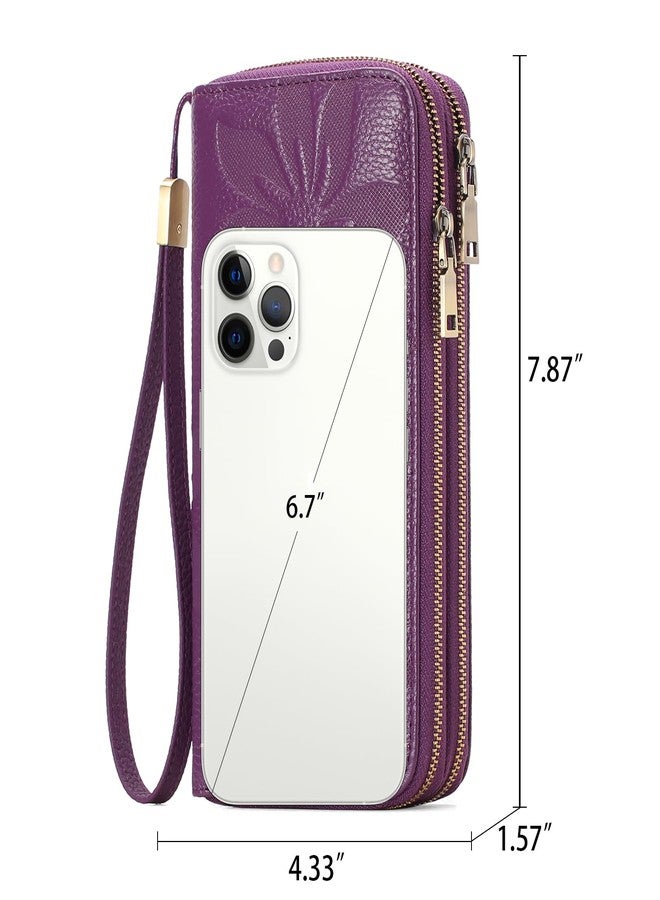 GAEKEAO Wallet for Women Clutch RFID Blocking Leather Wristlet Purse Large Capacity Credit Card Holder with Grip Hand Strap, A23 Embossed Purple, Medium, Classic - Image 2