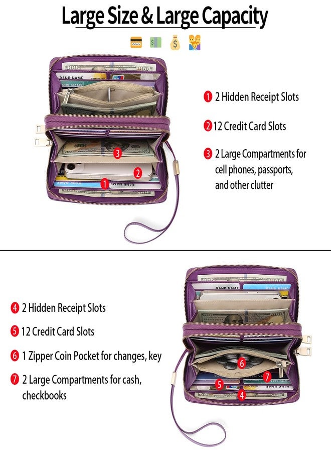 GAEKEAO Wallet for Women Clutch RFID Blocking Leather Wristlet Purse Large Capacity Credit Card Holder with Grip Hand Strap, A23 Embossed Purple, Medium, Classic - Image 3