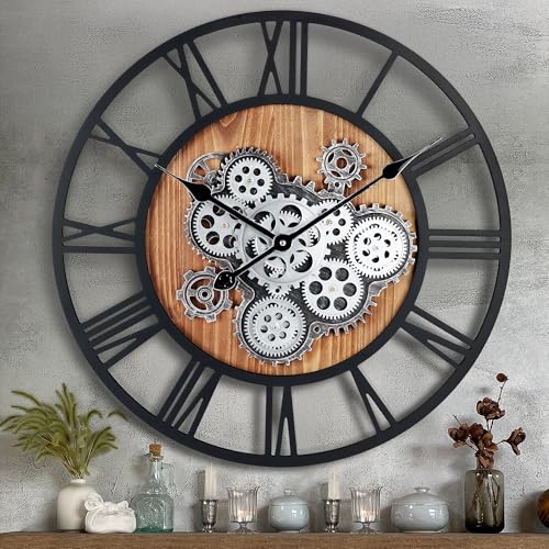 Lafocuse 23 Inch Real Moving Gear Wall Clock, Steampunk Wooden Large Wall Clock for Living Room Decor - Image 1