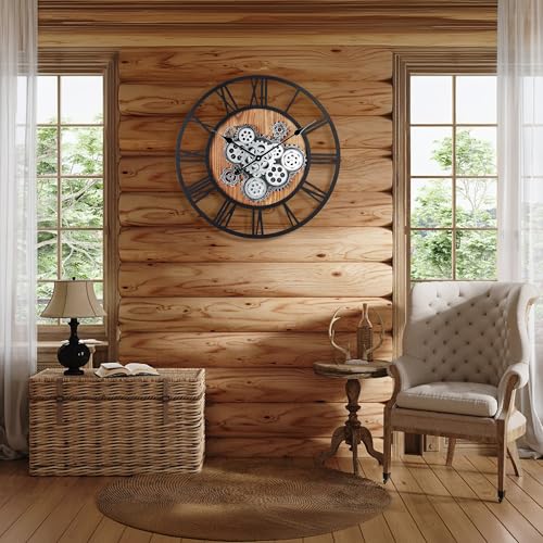 Lafocuse 23 Inch Real Moving Gear Wall Clock, Steampunk Wooden Large Wall Clock for Living Room Decor - Image 3