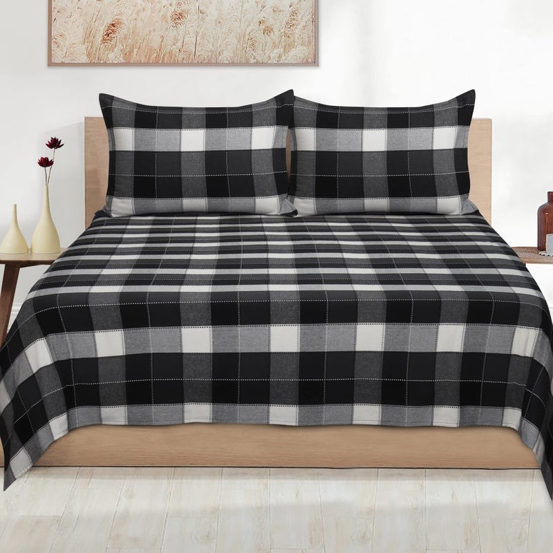 AIRWILL, 200GSM Handloom Cotton Double Bedsheet with 2 Pillow Covers, Dobby Checks Designer Weaved Black, Grey and White Combo - Pack of 3 pcs - Image 1