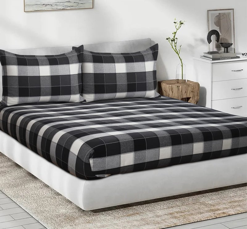 AIRWILL, 200GSM Handloom Cotton Double Bedsheet with 2 Pillow Covers, Dobby Checks Designer Weaved Black, Grey and White Combo - Pack of 3 pcs - Image 3