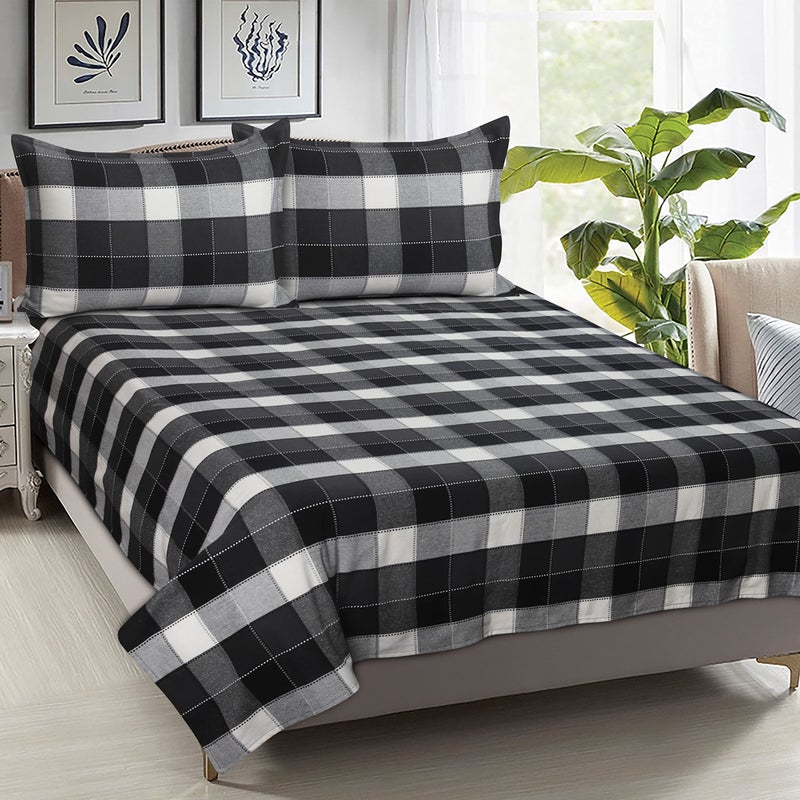 AIRWILL, 200GSM Handloom Cotton Double Bedsheet with 2 Pillow Covers, Dobby Checks Designer Weaved Black, Grey and White Combo - Pack of 3 pcs - Image 2