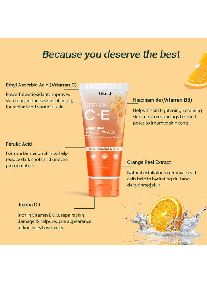 TERRAI Vitamin C & E Brightening Face Wash; Jojoba Beads Gentle Exfoliating Cleanser; For Bright Glowing Skin; All Skin Types; For Women & Men100Ml - Image 3