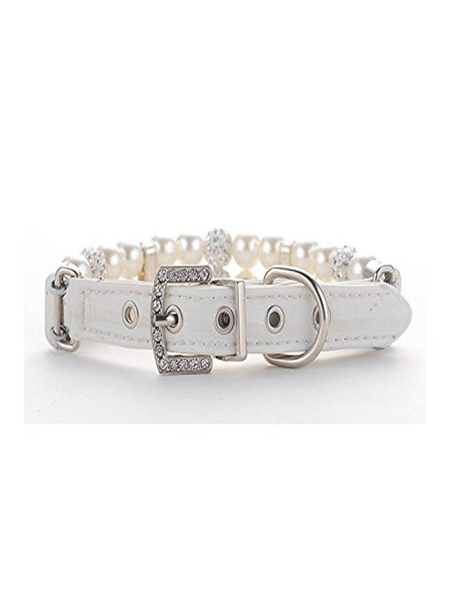 CheeseandU 1Pc Dog Cat Cute Fashion PU Leather Pearl Collar with Crystal Rhinestone Diamond Decor Pet Adjustable Neck Strap Accessary for Wedding Birthday Party Valentines Day Collar Gift, White - Image 3