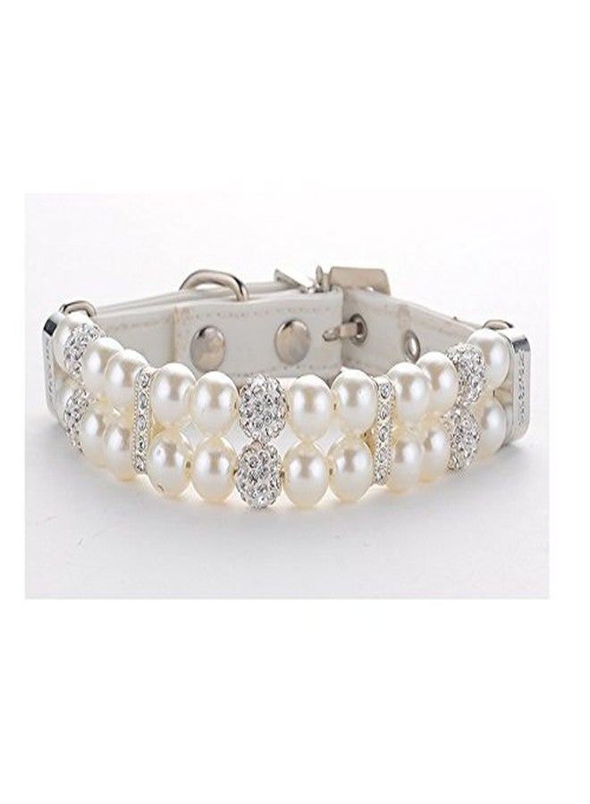 CheeseandU 1Pc Dog Cat Cute Fashion PU Leather Pearl Collar with Crystal Rhinestone Diamond Decor Pet Adjustable Neck Strap Accessary for Wedding Birthday Party Valentines Day Collar Gift, White - Image 1