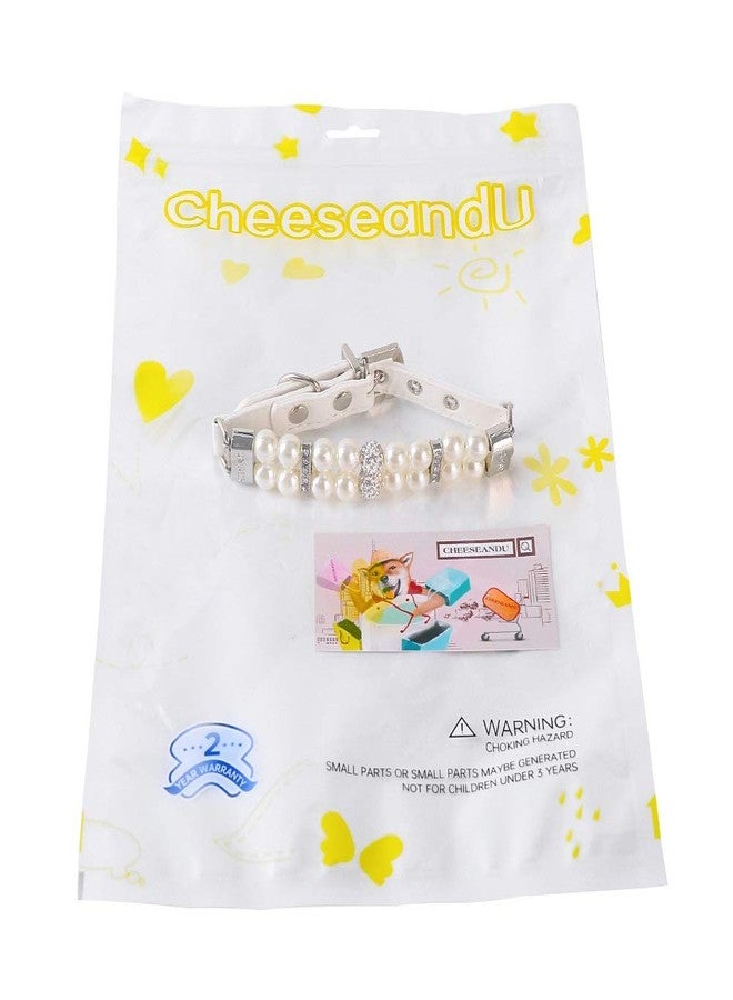 CheeseandU 1Pc Dog Cat Cute Fashion PU Leather Pearl Collar with Crystal Rhinestone Diamond Decor Pet Adjustable Neck Strap Accessary for Wedding Birthday Party Valentines Day Collar Gift, White - Image 4