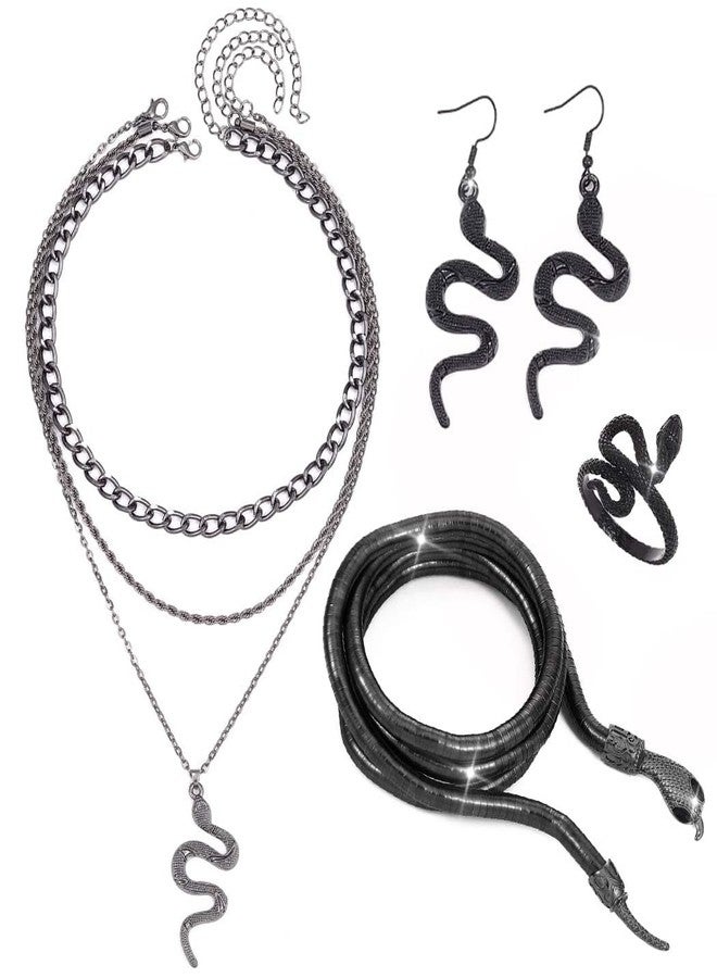 Unicra Medusa Jewelry Set Black Snake Necklace Earrings Ring Bracelet Sets Halloween Medusa Costume Accessories for Women (4 PCS-Black Necklace Earrings Ring Bracelet) - Image 1