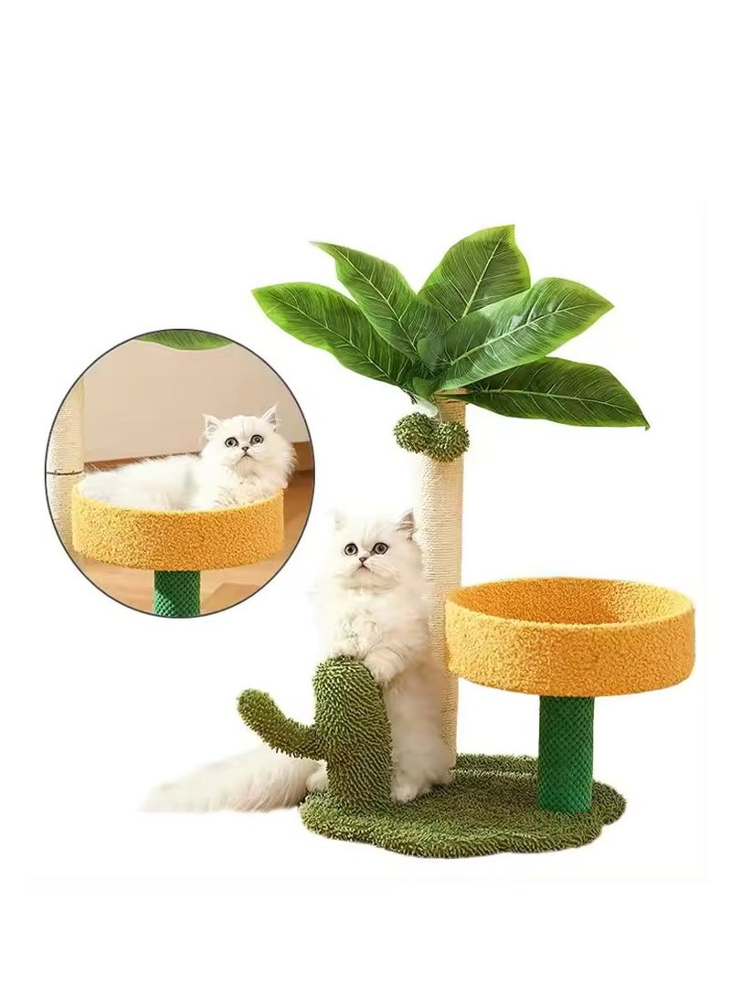 شجرة قطط كبيرة متعددة الطبقات من ألثيقا مصنوعة من الخيش مع إطار تسلق خشبي وعمود خدش وزهور - Image 1