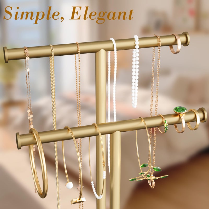 Jasopaco Gold Necklace Rack Stand with Storage Tray - 2 Rods T-Shaped Jewelry Holder Stand for Bracelets, Earrings, Rings | Elegant Vanity & Dresser Top Storage for Women. - Image 3