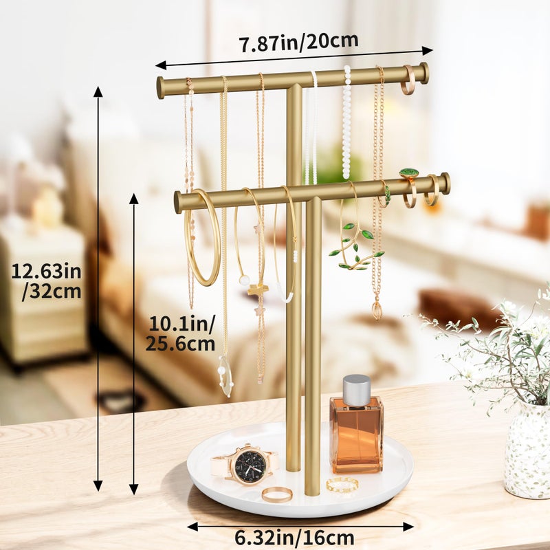 Jasopaco Gold Necklace Rack Stand with Storage Tray - 2 Rods T-Shaped Jewelry Holder Stand for Bracelets, Earrings, Rings | Elegant Vanity & Dresser Top Storage for Women. - Image 5