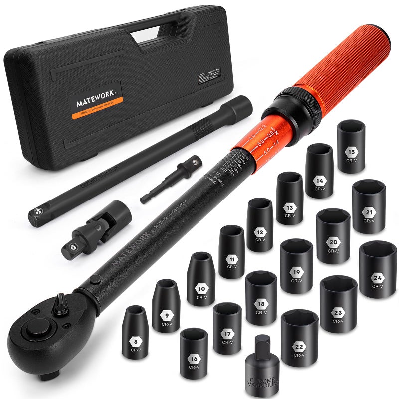 Matework 1/2-Inch Drive Torque Wrench Set 22PCS, 10-180FT.LB/13.6-244.1Nm, Click Torque Wrench Socket Set, 72-Tooth Dual-direction, Â±3% Precision Adjustable Torque Wrench for Lug Nut, Bicycle, Moto, Car - Image 1