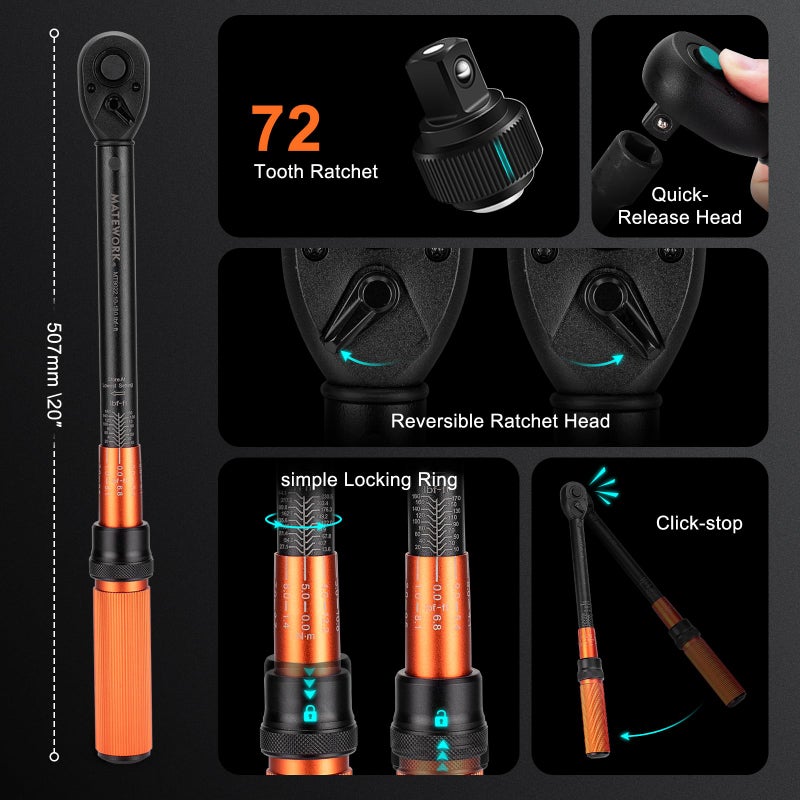 Matework 1/2-Inch Drive Torque Wrench Set 22PCS, 10-180FT.LB/13.6-244.1Nm, Click Torque Wrench Socket Set, 72-Tooth Dual-direction, Â±3% Precision Adjustable Torque Wrench for Lug Nut, Bicycle, Moto, Car - Image 5