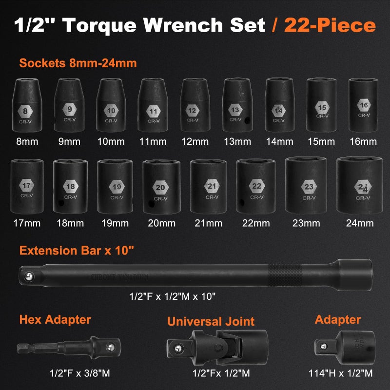 Matework 1/2-Inch Drive Torque Wrench Set 22PCS, 10-180FT.LB/13.6-244.1Nm, Click Torque Wrench Socket Set, 72-Tooth Dual-direction, Â±3% Precision Adjustable Torque Wrench for Lug Nut, Bicycle, Moto, Car - Image 2