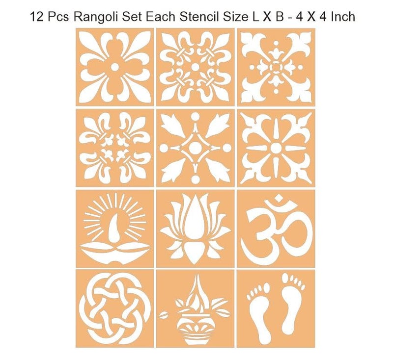 300Sparkles Diwali Rangoli Stencil 12 Pcs Set Diwali Festive Decoration Home Office Temple Indoor Outdoor Decor Multipurpose Stencils 4 X 4 Inch 12 PCS Stencils - Image 3