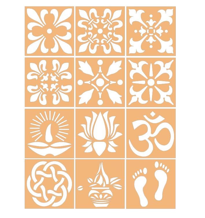 300Sparkles Diwali Rangoli Stencil 12 Pcs Set Diwali Festive Decoration Home Office Temple Indoor Outdoor Decor Multipurpose Stencils 4 X 4 Inch 12 PCS Stencils - Image 1