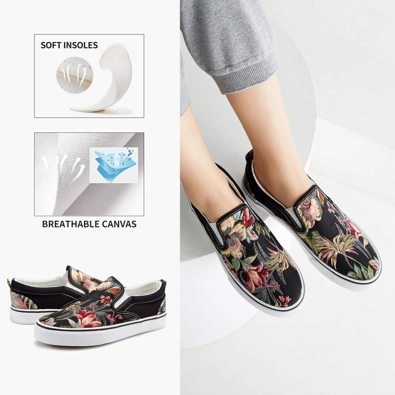 XRH Women's Slip on Shoes Fashion Canvas Sneakers Low Top Casual Shoes Non Slip Loafers (Black Embroidery, US8) - Image 4