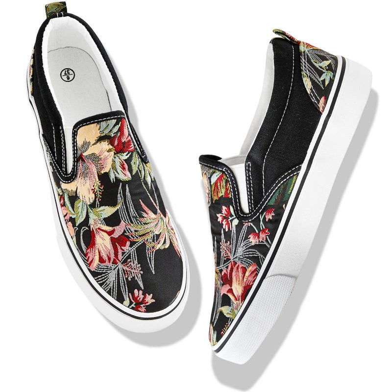 XRH Women's Slip on Shoes Fashion Canvas Sneakers Low Top Casual Shoes Non Slip Loafers (Black Embroidery, US8) - Image 1