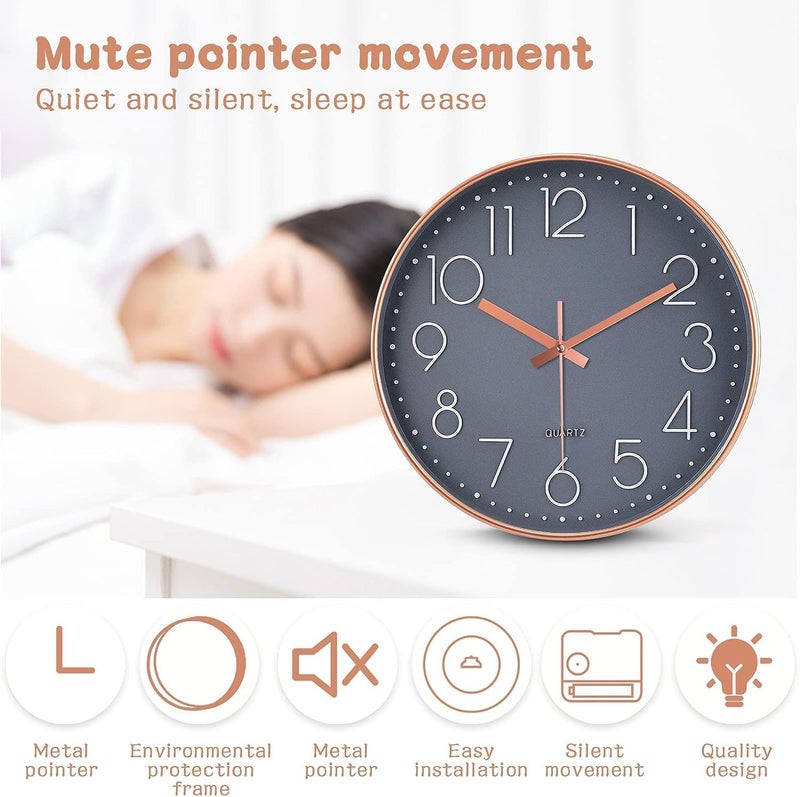 TEKCOOL Analogue Plastic Wall Clock 12" Silent Quartz Decorative Latest Wall Clock Non-Ticking Classic Clock Battery Operated Round Easy to Read for Home/Kitchen/Bedroom/Office/School - (Grey Gold). - Image 3