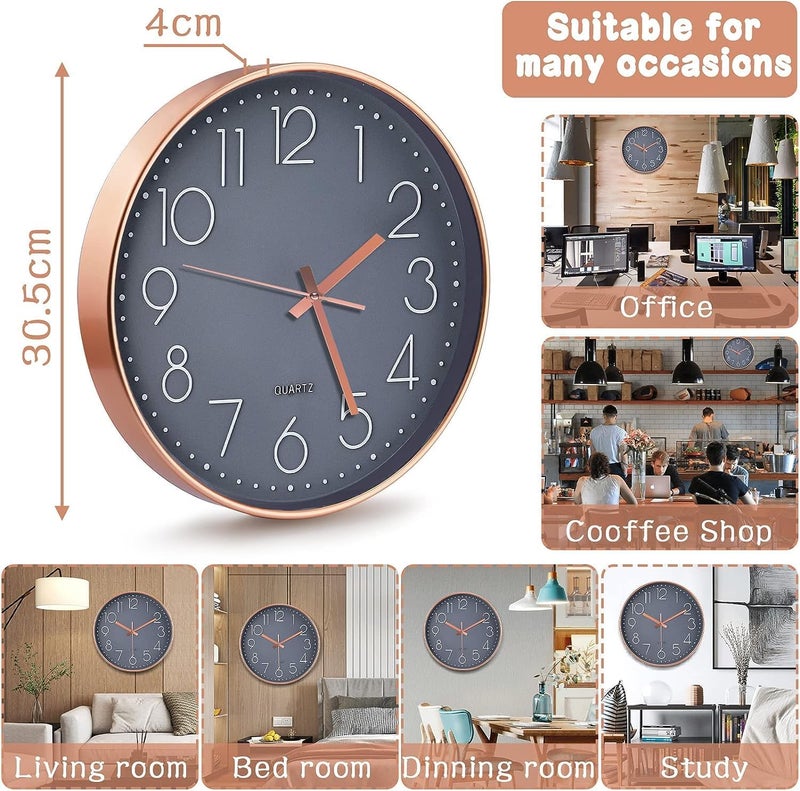 TEKCOOL Analogue Plastic Wall Clock 12" Silent Quartz Decorative Latest Wall Clock Non-Ticking Classic Clock Battery Operated Round Easy to Read for Home/Kitchen/Bedroom/Office/School - (Grey Gold). - Image 2
