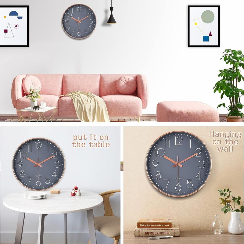 TEKCOOL Analogue Plastic Wall Clock 12" Silent Quartz Decorative Latest Wall Clock Non-Ticking Classic Clock Battery Operated Round Easy to Read for Home/Kitchen/Bedroom/Office/School - (Grey Gold). - Image 4